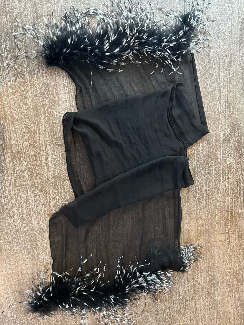 Black Sheer Feather Trim Scarf Wrap